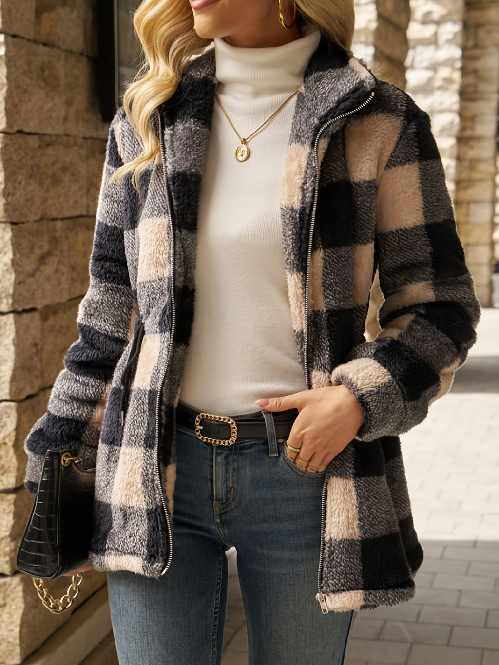 Women's Checked Hooded Jacket - Longline Zip-Up Outerwear