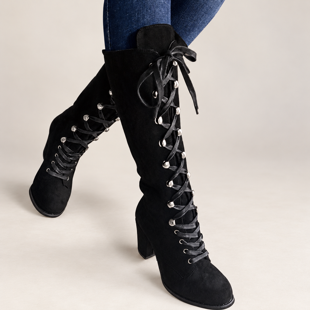 Women's lace-up chunky-heel tall boots on a light neutral background