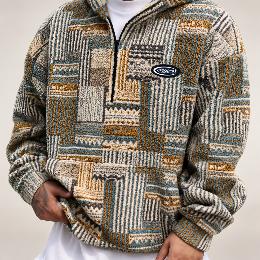 Men's patterned quarter-zip pullover on a light neutral background