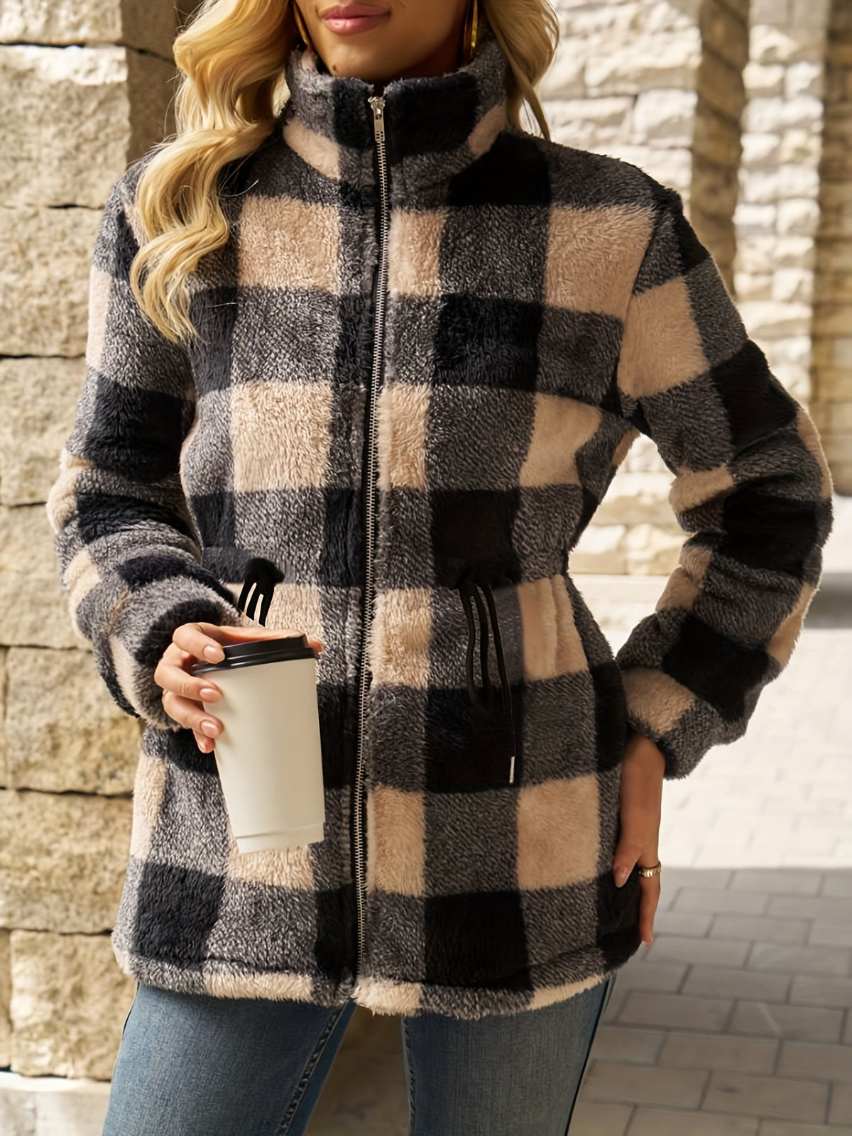 Women's Checked Hooded Jacket - Longline Zip-Up Outerwear