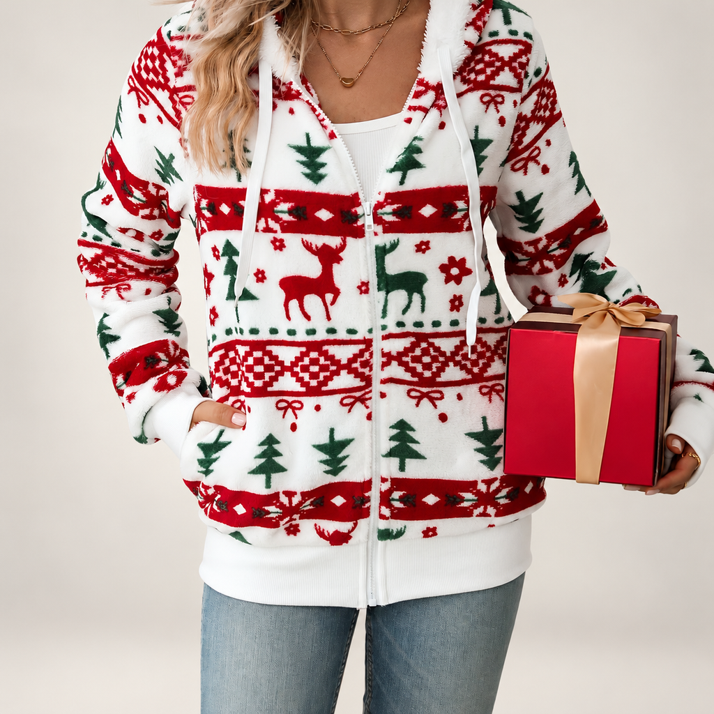 Women's Christmas hooded zip cardigan on a light neutral background