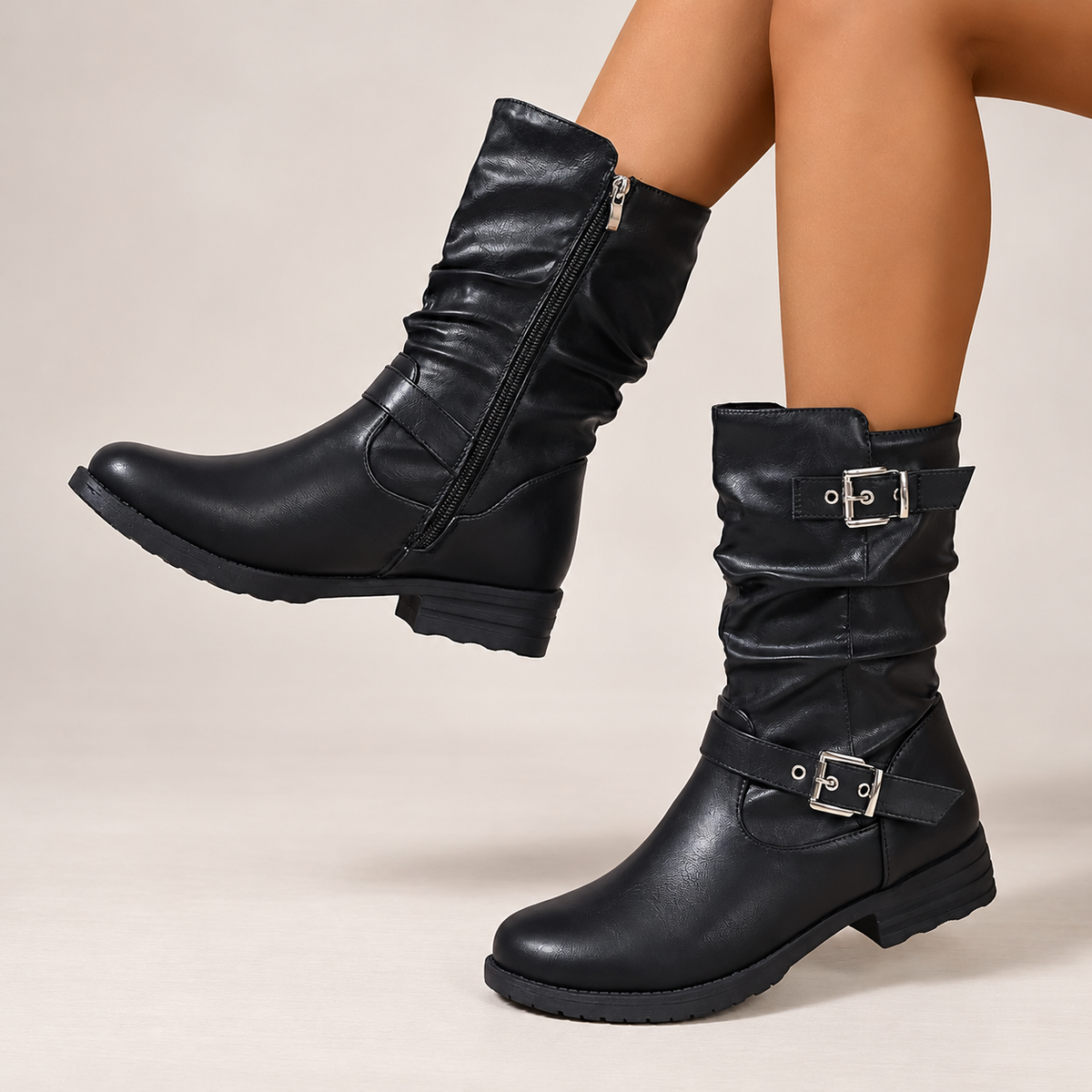 Women's slouchy buckle boots on a light neutral background