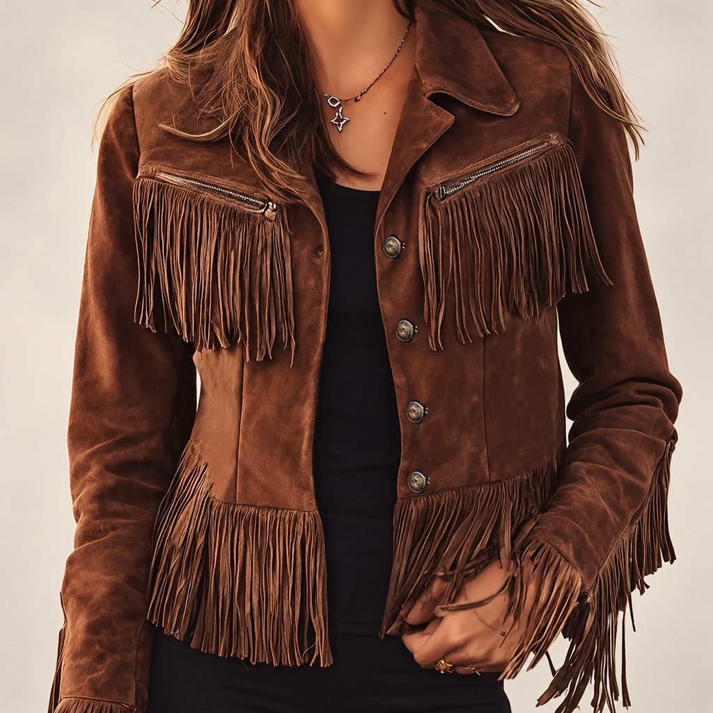 Women's fringe western jacket on a light neutral background