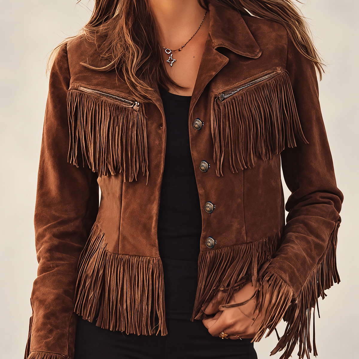 Women's fringe western jacket on a light neutral background