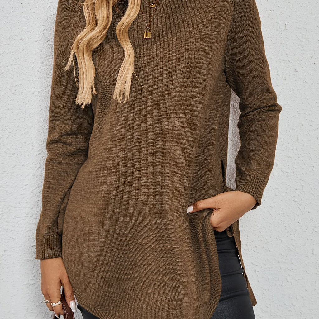 Women's Longline Sweater - Round Neck Side-Slit Knit Top