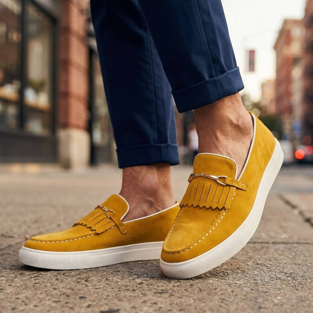 Men's Penny Loafers- Suede-Look Upper and White Sole