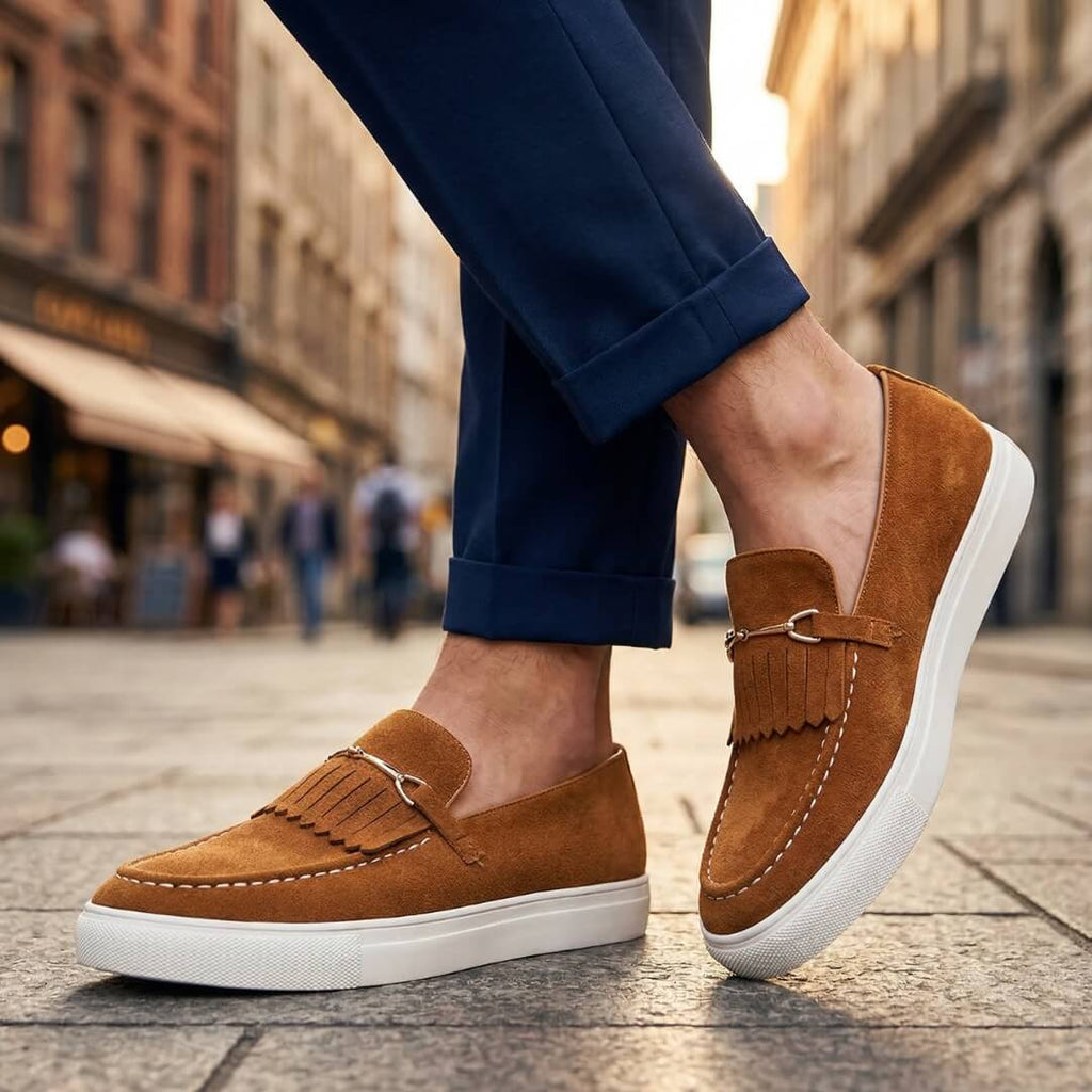 Men's Penny Loafers- Suede-Look Upper and White Sole