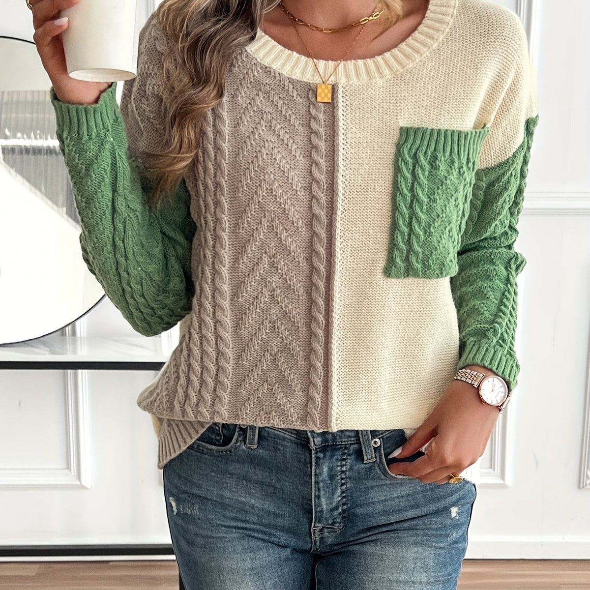 Women's Colour-Block Cable-Knit Jumper