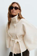Women's Cape Coat - High-Collar Belted Winter Jacket