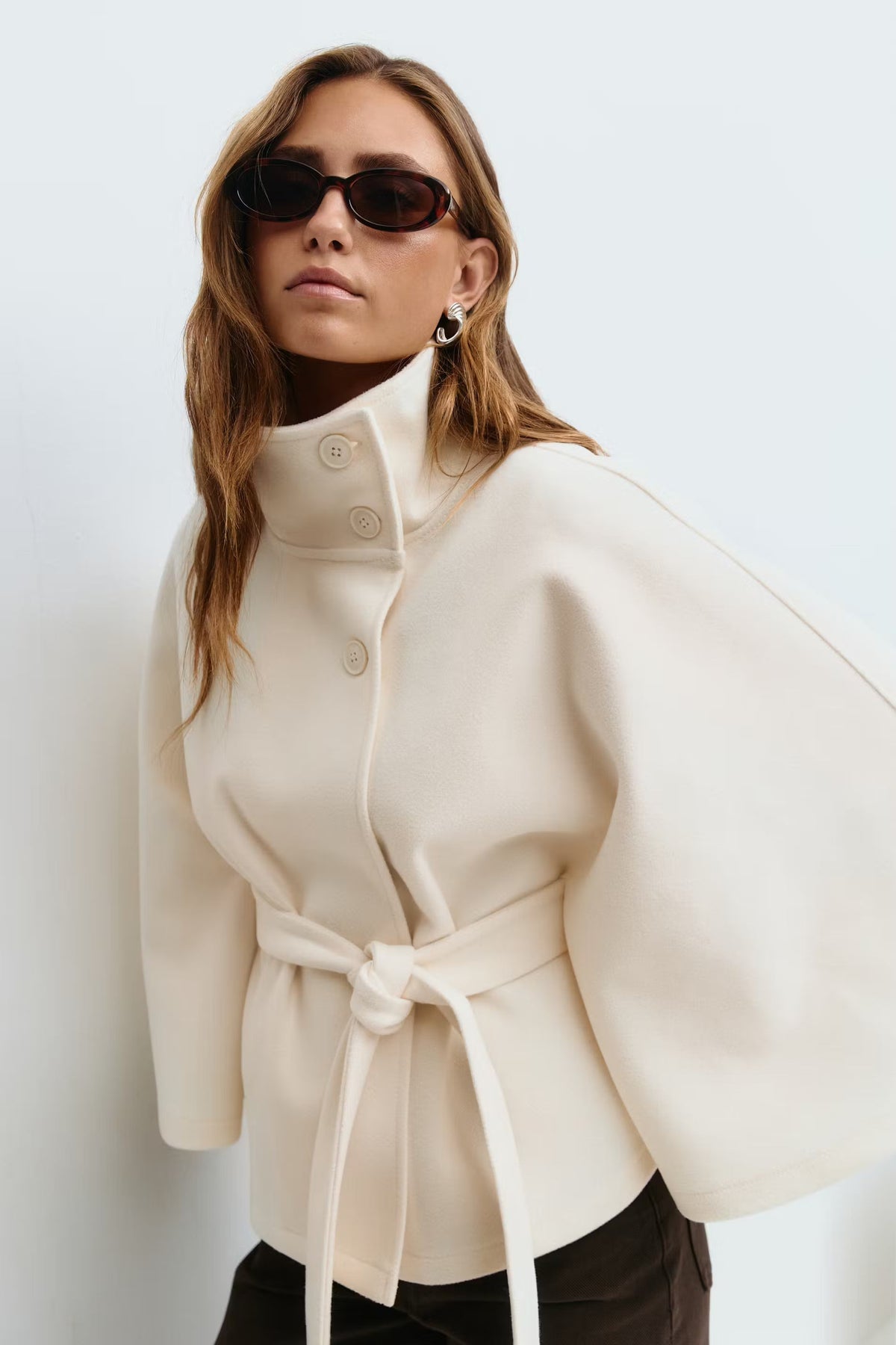 Women's Cape Coat - High-Collar Belted Winter Jacket