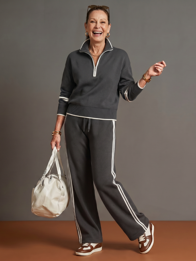 Women's Two-Piece Tracksuit- Zip-Neck Top and Side-Stripe Trousers