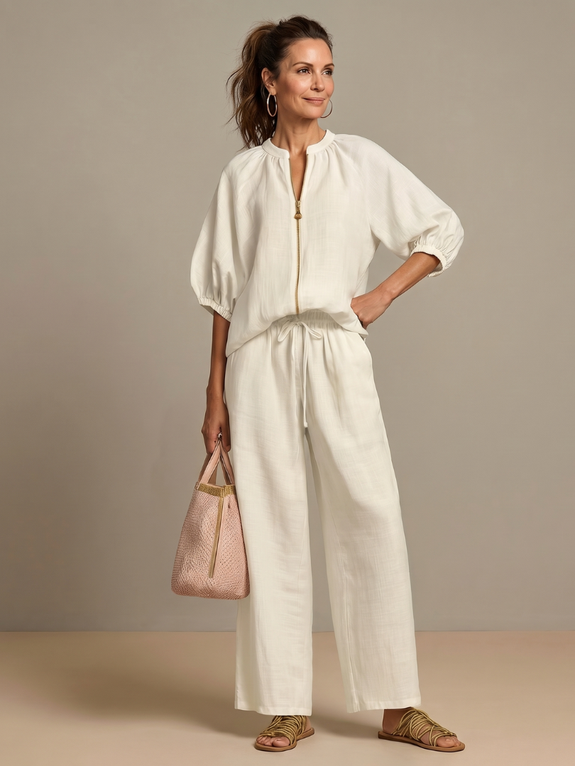 Women's Two-Piece Trouser Set- Zip-Front Blouson