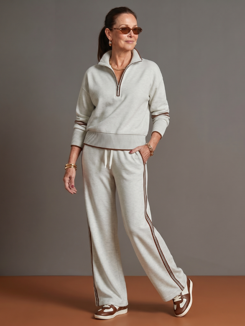 Women's Two-Piece Tracksuit- Zip-Neck Top and Side-Stripe Trousers