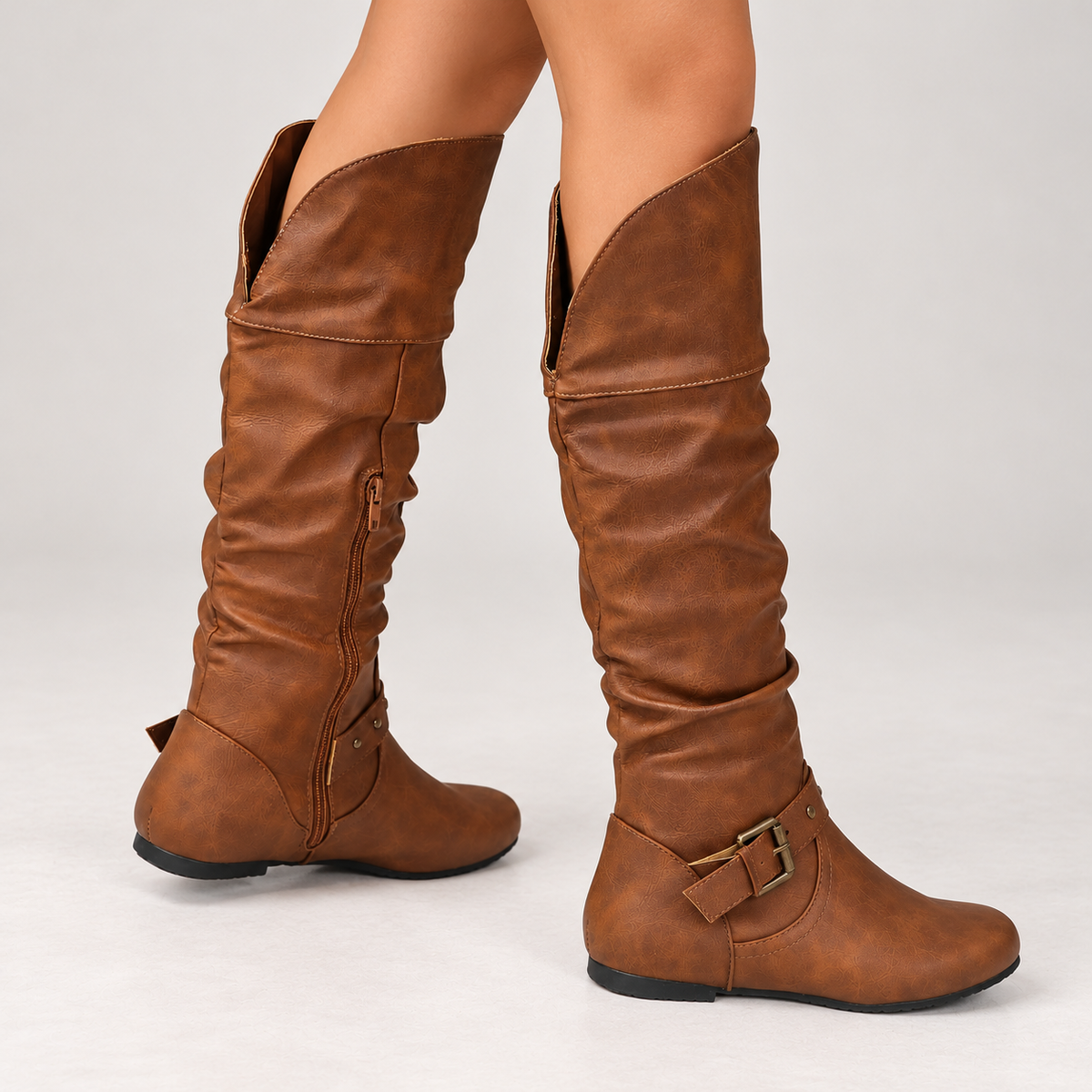 Women's Slouch Riding Boots- Buckle and Knee-High Shaft – main product image
