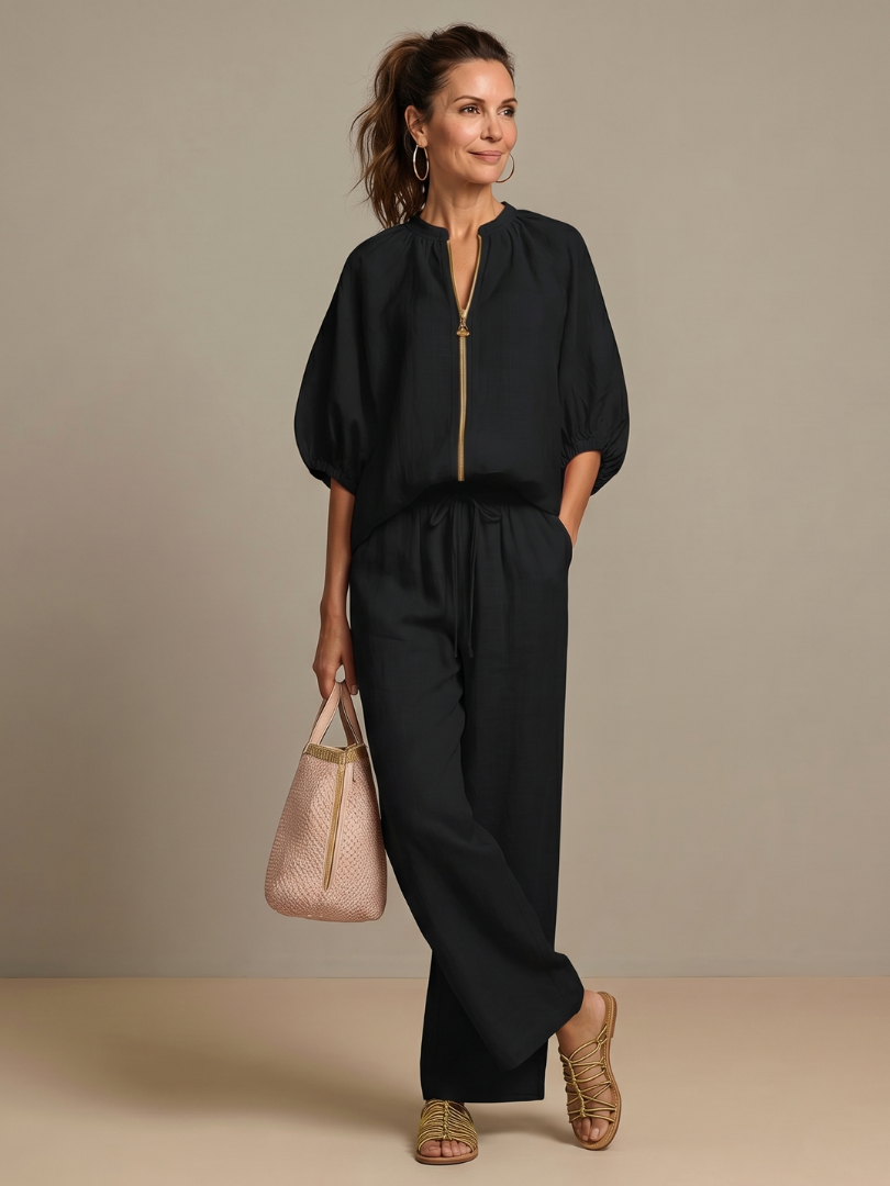 Women's Two-Piece Trouser Set- Zip-Front Blouson