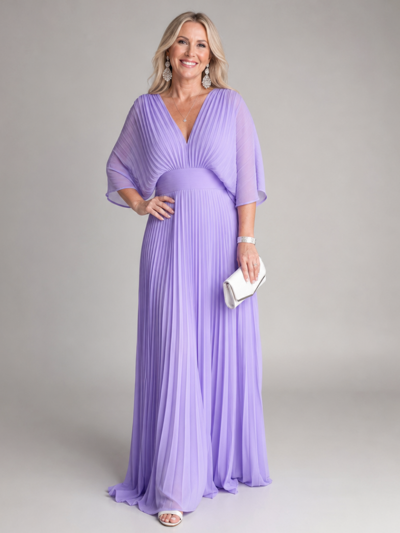 Women's Pleated Maxi Dress- V-Neck and Long Sleeves