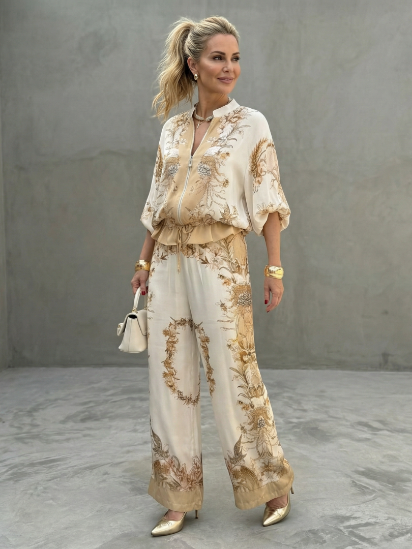 Women's Printed Two-Piece Set- Zip-Front Blouson and Trousers