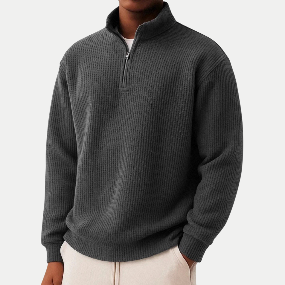 Men's Quarter-Zip Jumper- High Neck and Ribbed Trim