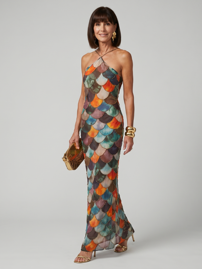 Women's Scale-Print Maxi Dress- Fitted Silhouette