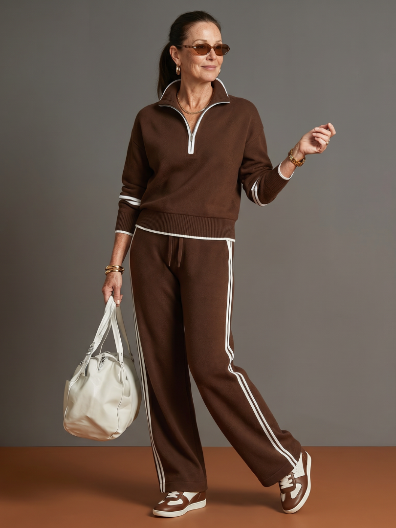 Women's Two-Piece Tracksuit- Zip-Neck Top and Side-Stripe Trousers