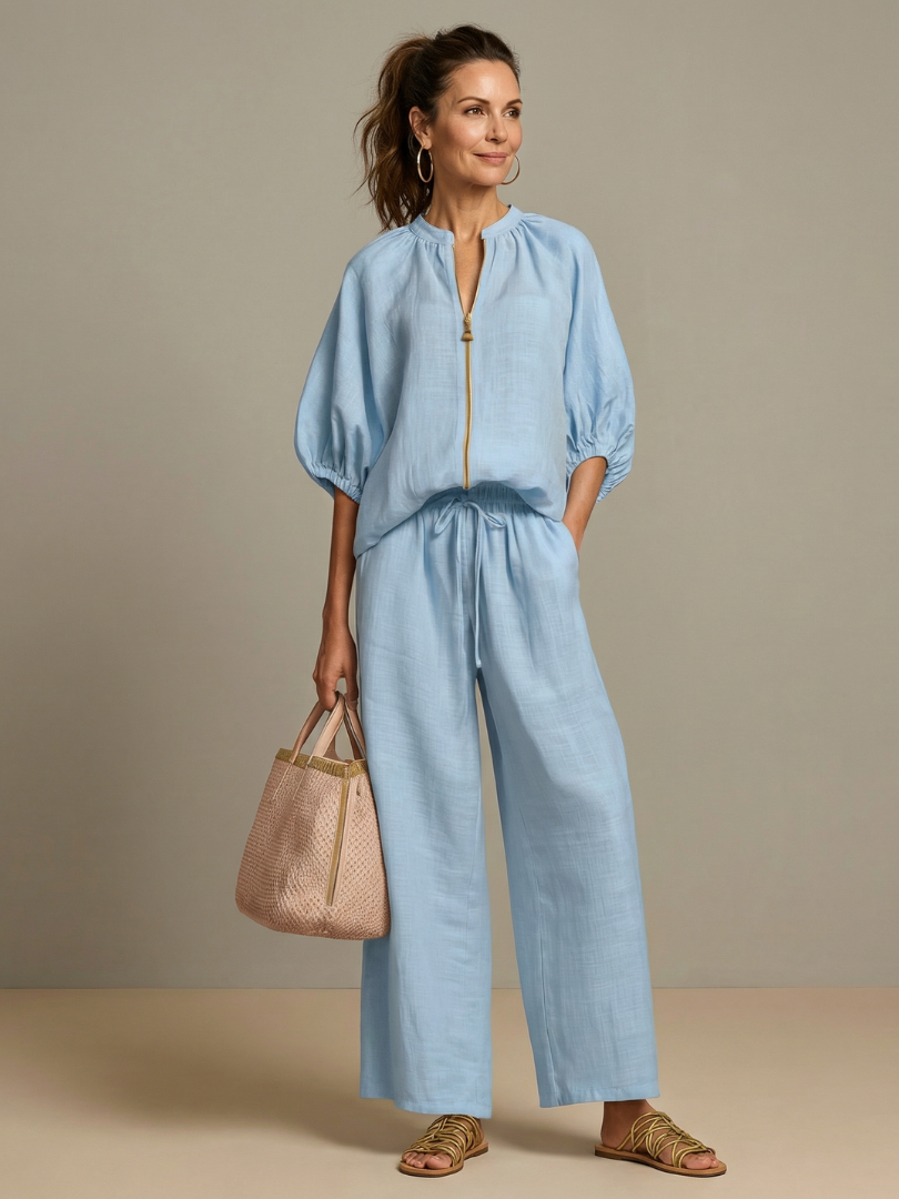Women's Two-Piece Trouser Set- Zip-Front Blouson