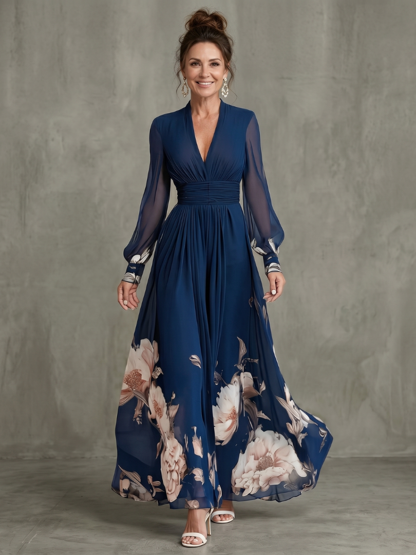 Women's Pleated Maxi Dress- Sheer Sleeves