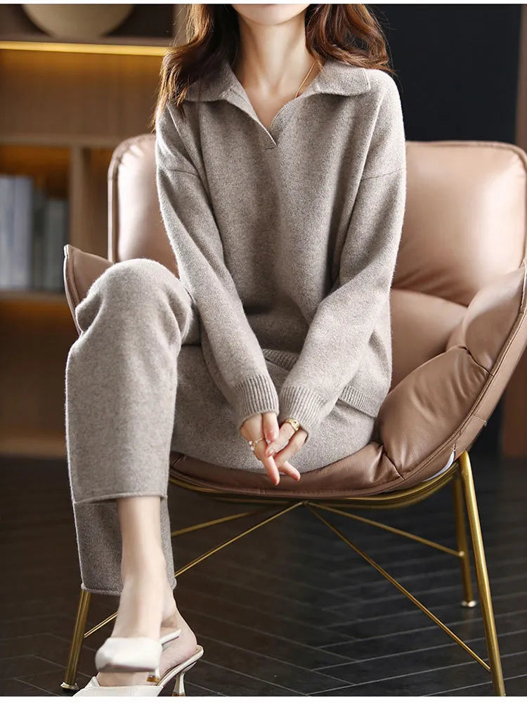Women's Collared Knit Top and Trousers Co-ord Set