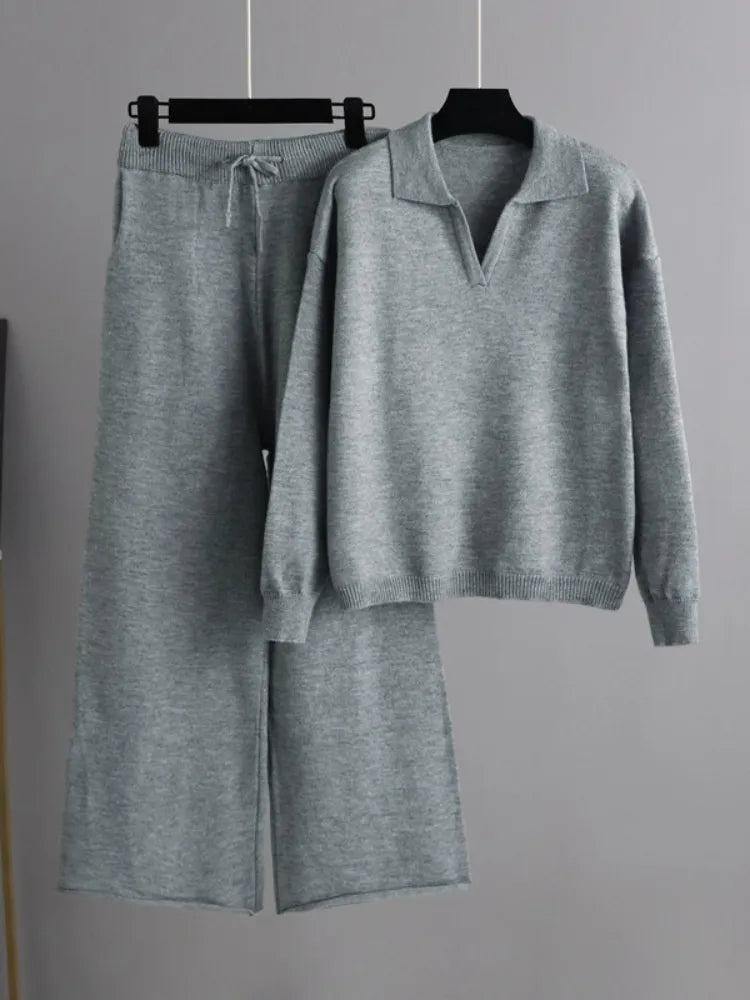 Women's Collared Knit Top and Trousers Co-ord Set