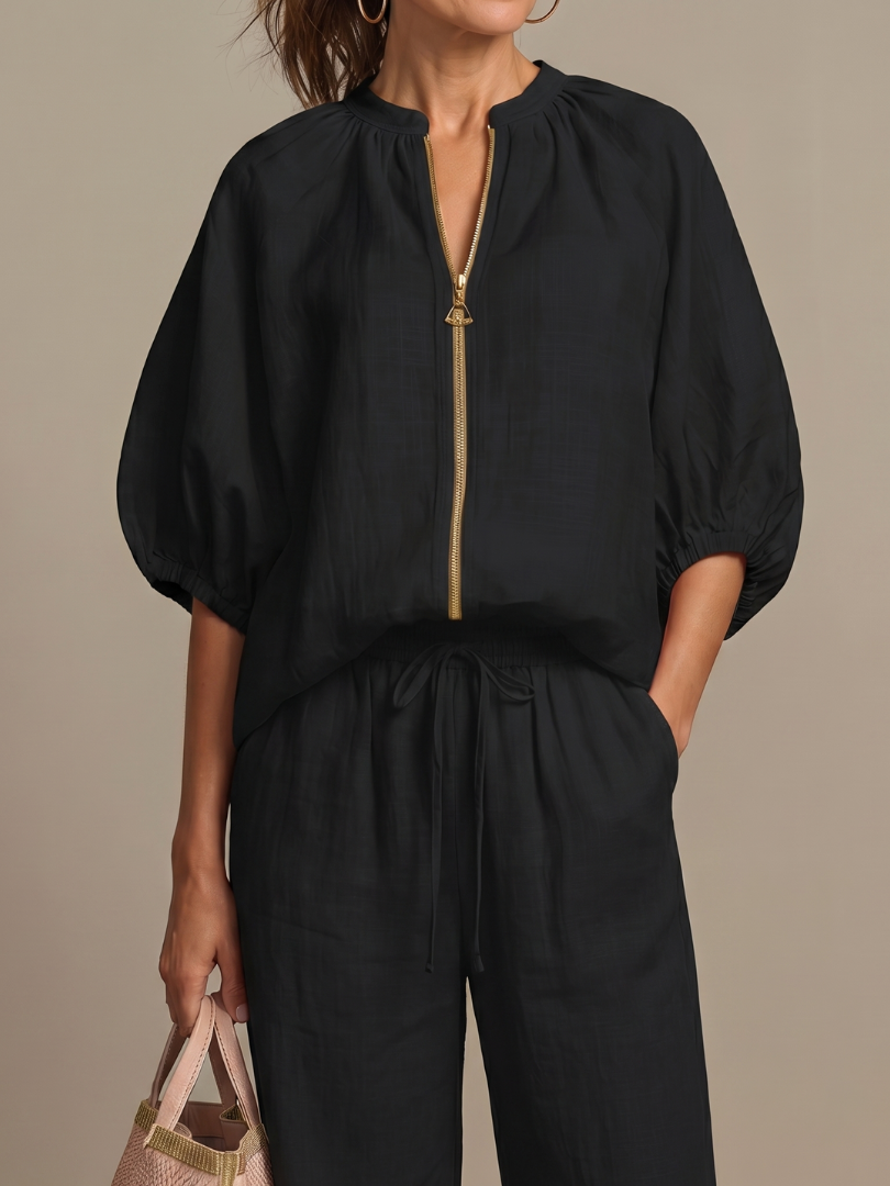 Women's Two-Piece Trouser Set- Zip-Front Blouson