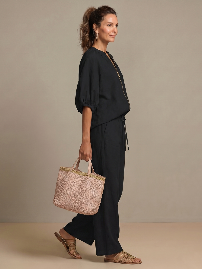 Women's Two-Piece Trouser Set- Zip-Front Blouson