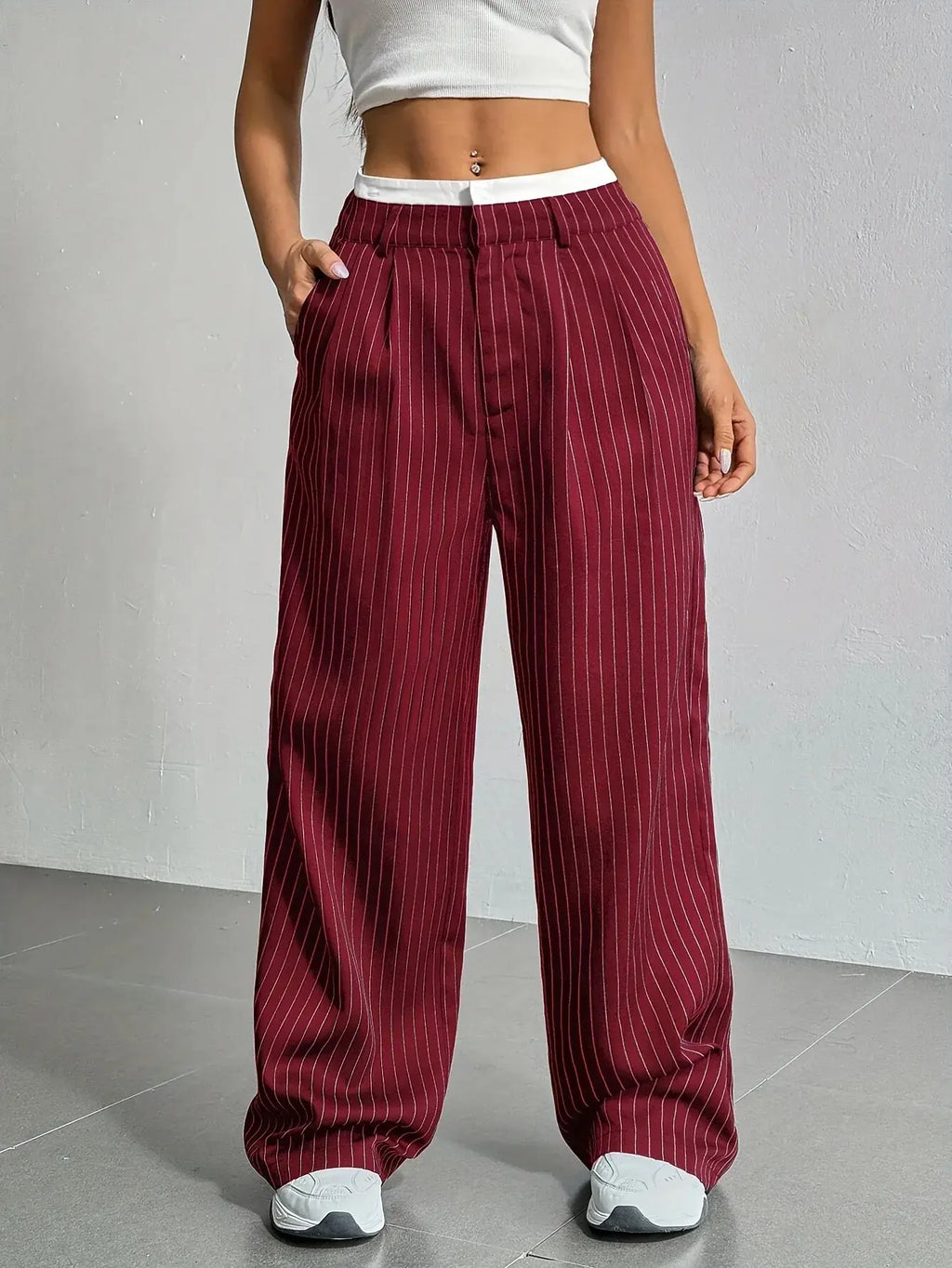 Women's Pinstripe Trousers- High Waist and Wide Leg