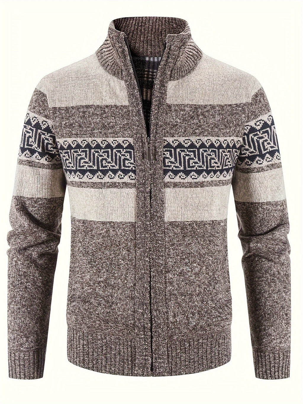 Men's Patterned Cardigan - Full-Zip Stand-Collar Knitwear