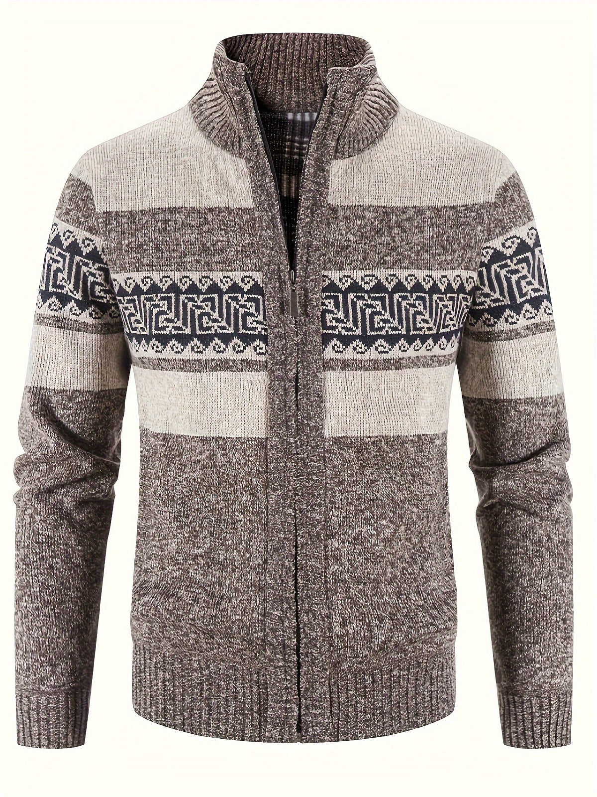 Men's Patterned Cardigan - Full-Zip Stand-Collar Knitwear