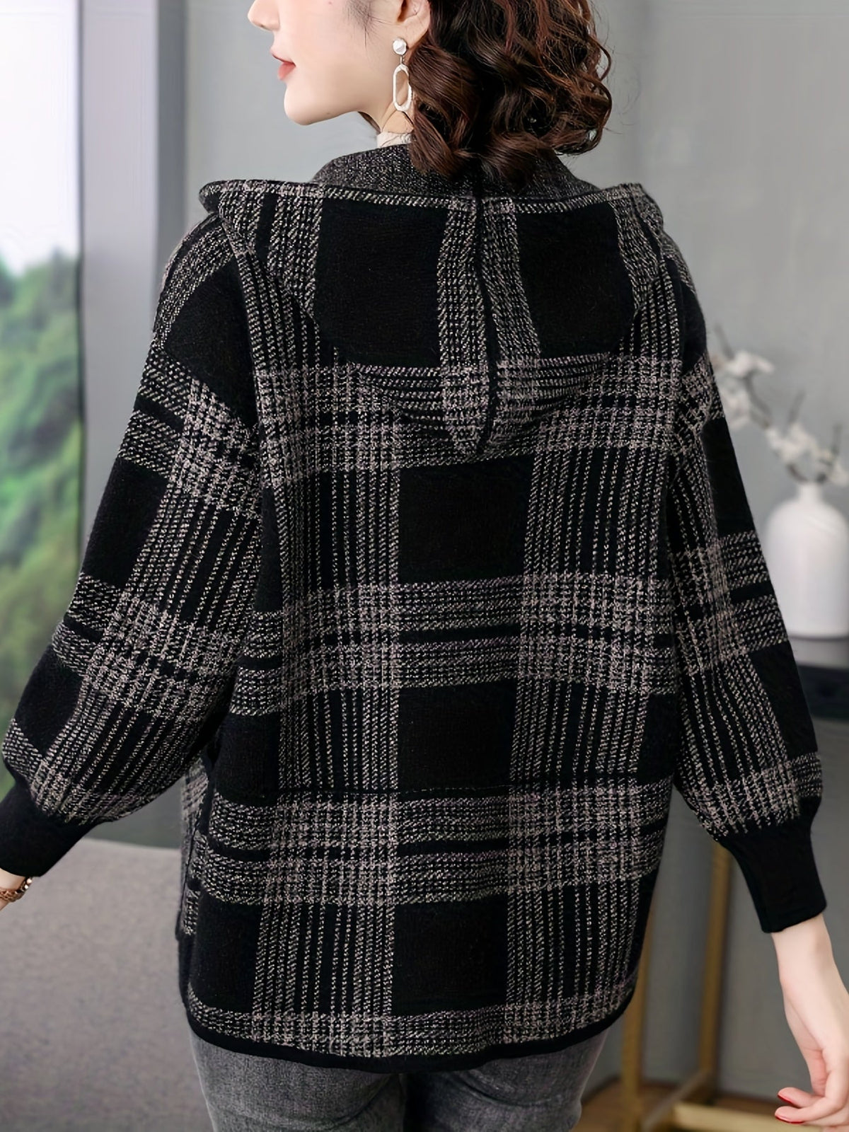 Women's Checked Hooded Jacket - Zip-Up Outerwear