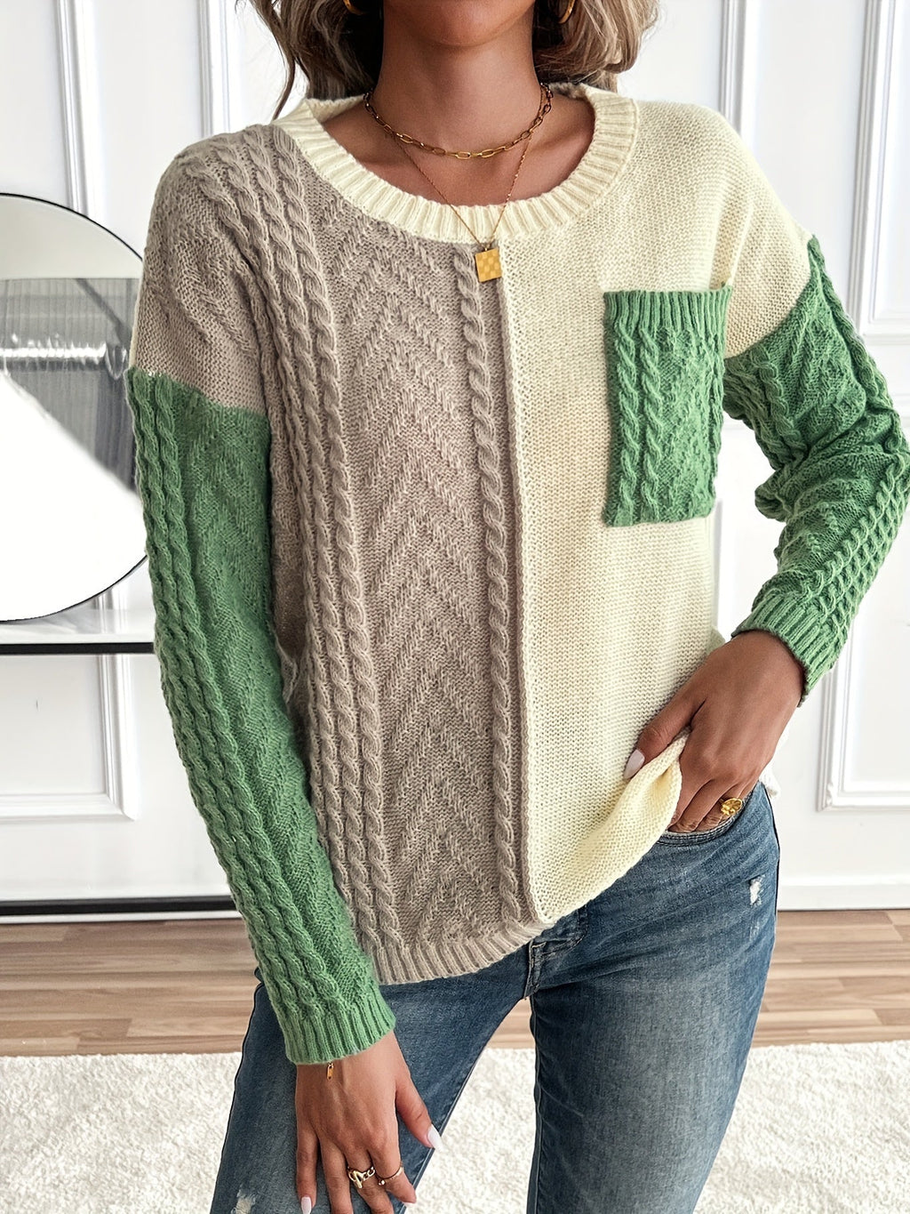Women's Colour-Block Cable-Knit Jumper