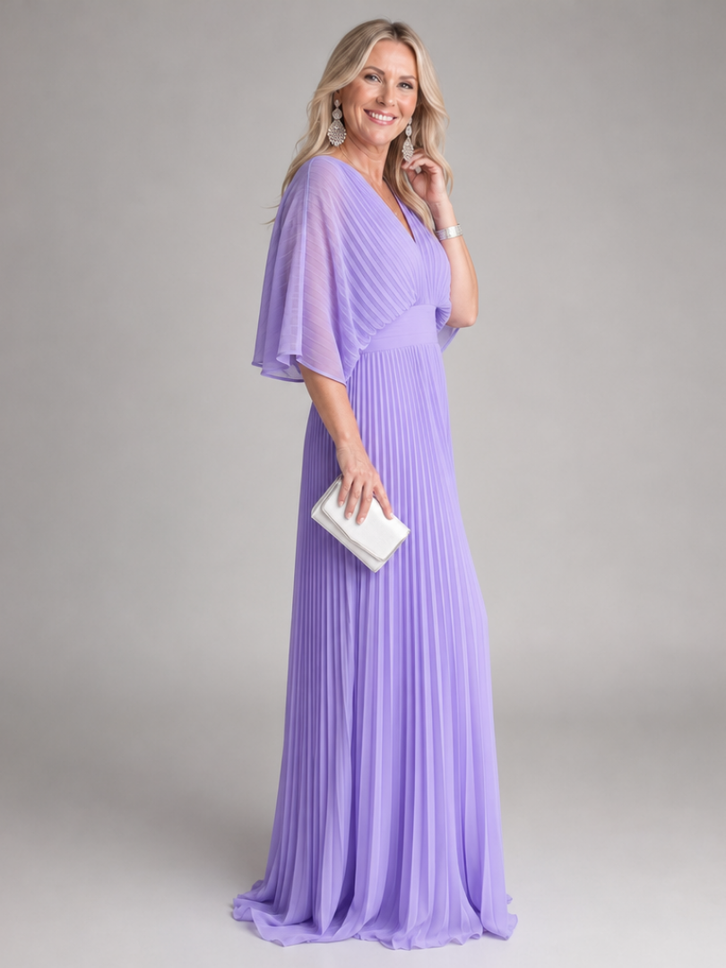 Women's Pleated Maxi Dress- V-Neck and Long Sleeves