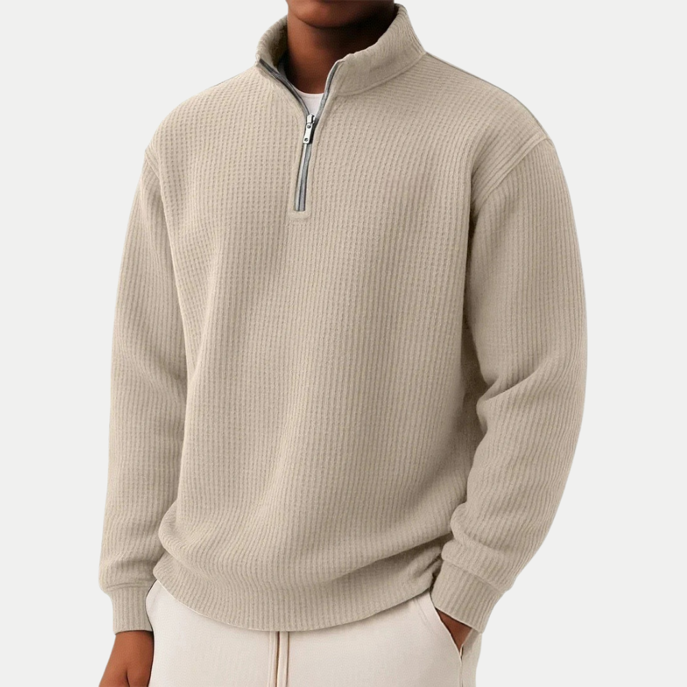 Men's Quarter-Zip Jumper- High Neck and Ribbed Trim