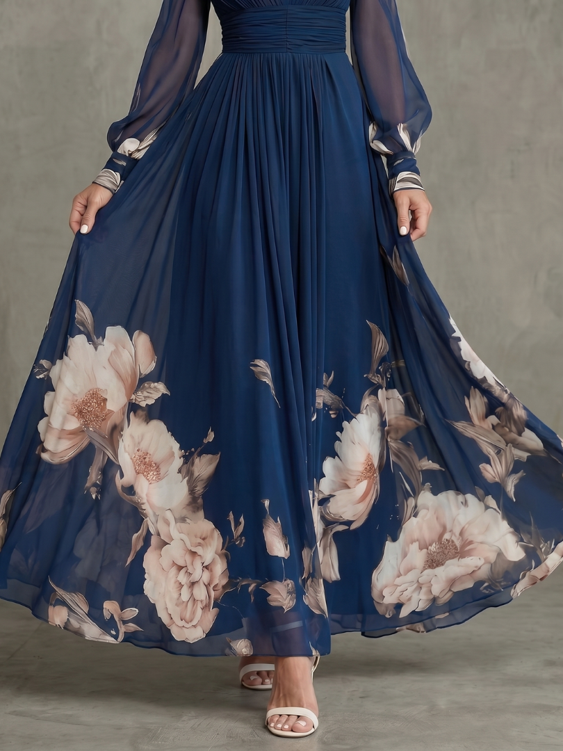 Women's Pleated Maxi Dress- Sheer Sleeves