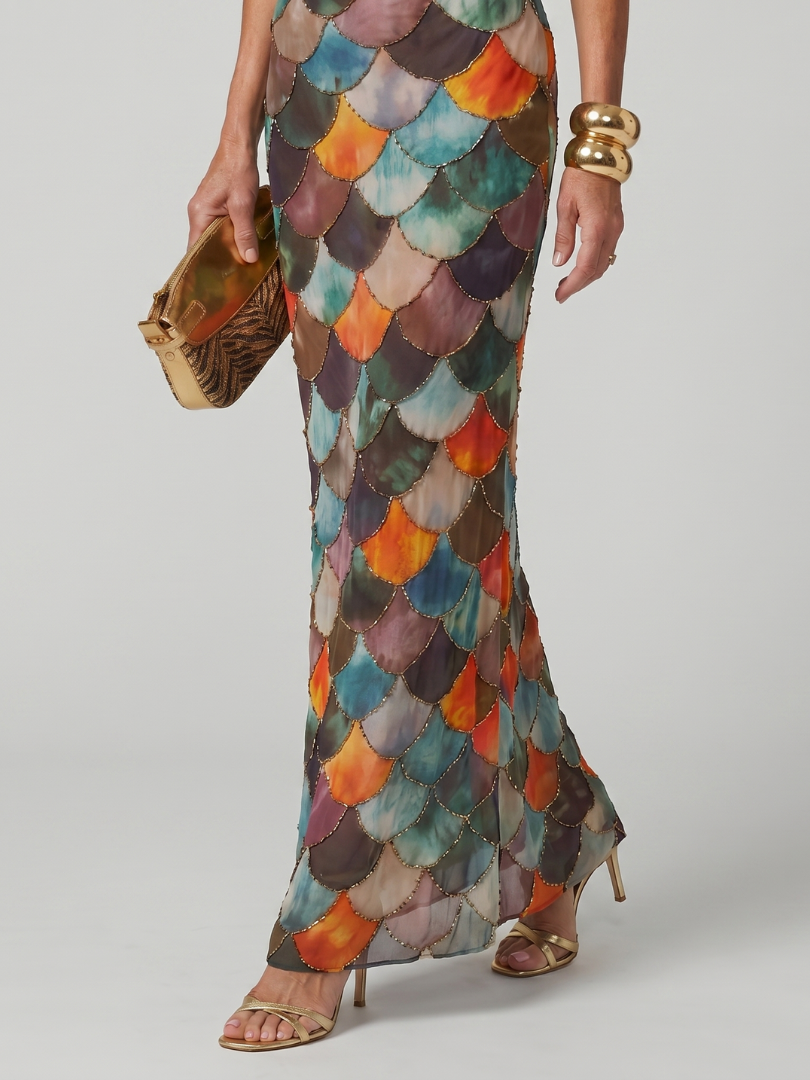 Women's Scale-Print Maxi Dress- Fitted Silhouette