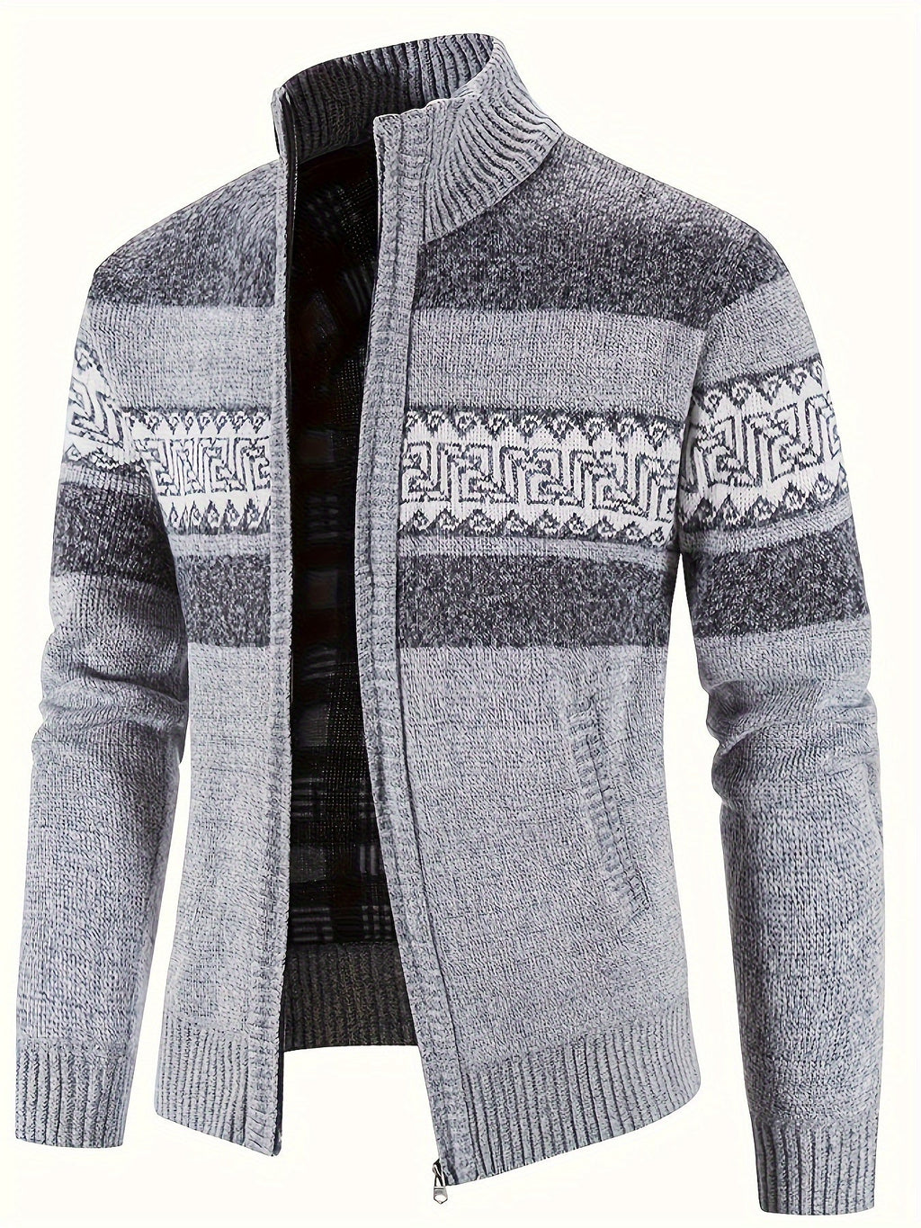 Men's Patterned Cardigan - Full-Zip Stand-Collar Knitwear