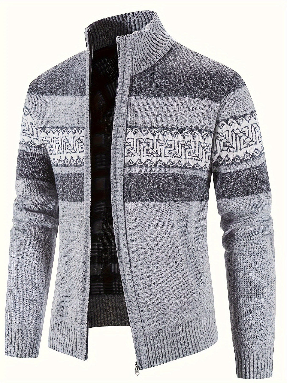 Men's Patterned Cardigan - Full-Zip Stand-Collar Knitwear