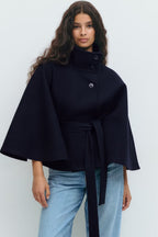 Women's Cape Coat - High-Collar Belted Winter Jacket