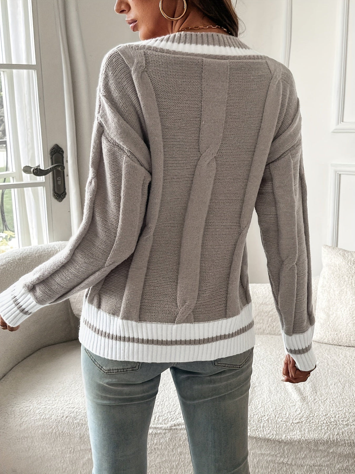 Women's V-Neck Sweater - Contrast-Trim Knit Top