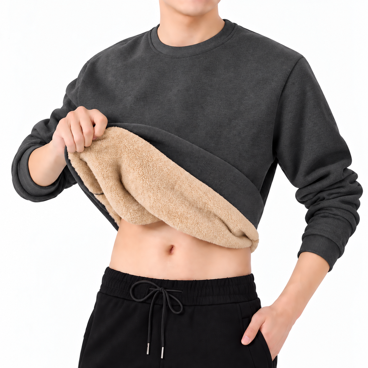 Men's Fleece Sweatshirt- Crew Neck and Ribbed Trim