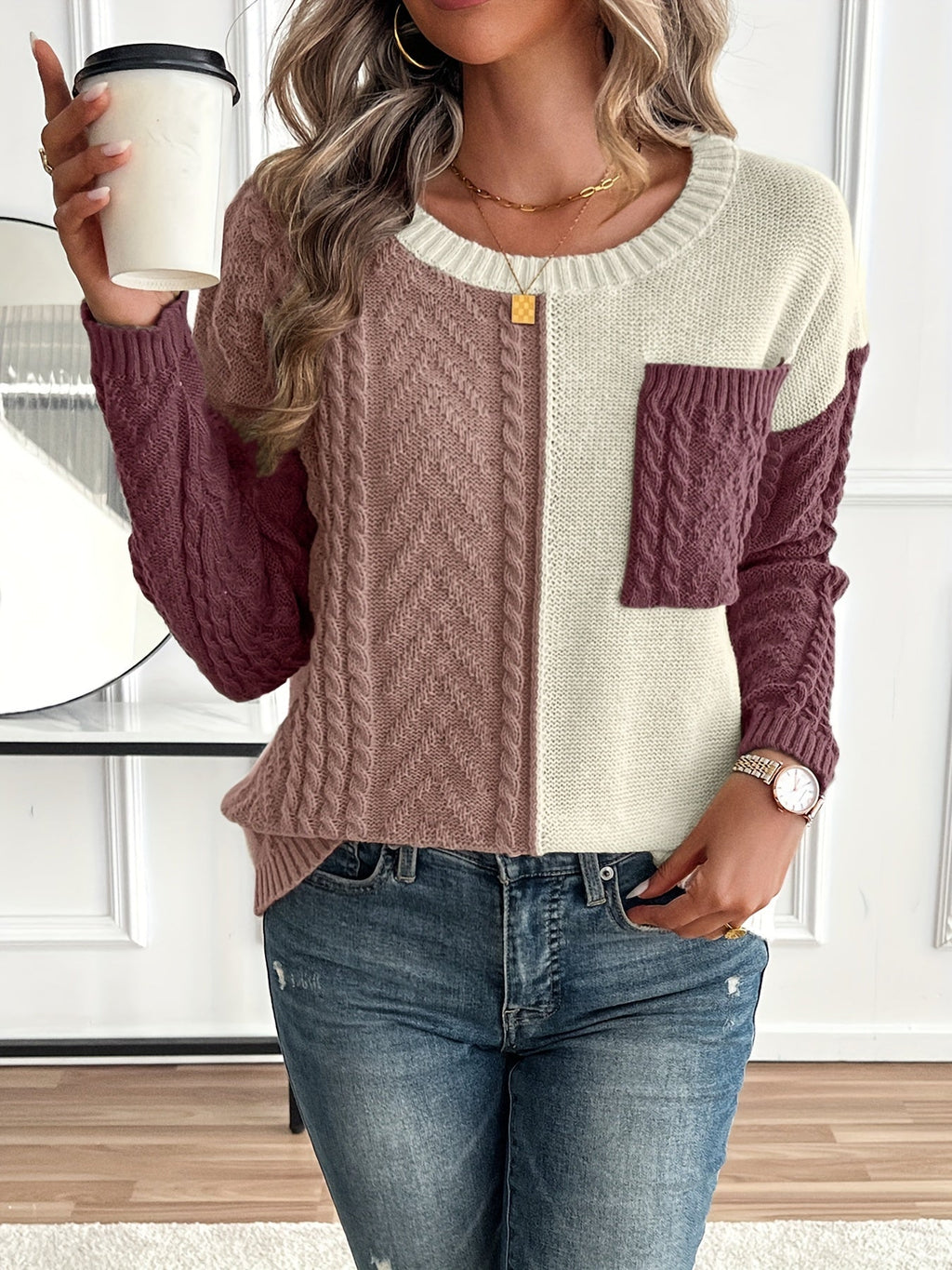 Women's Colour-Block Cable-Knit Jumper