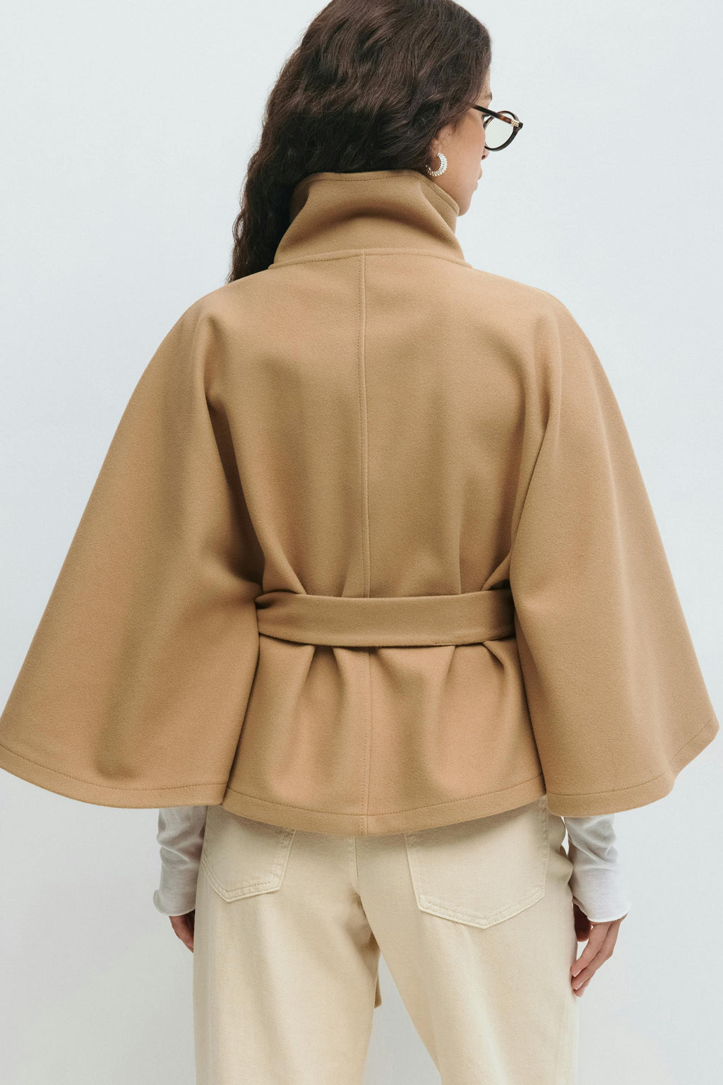 Women's Cape Coat - High-Collar Belted Winter Jacket