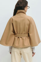 Women's Cape Coat - High-Collar Belted Winter Jacket