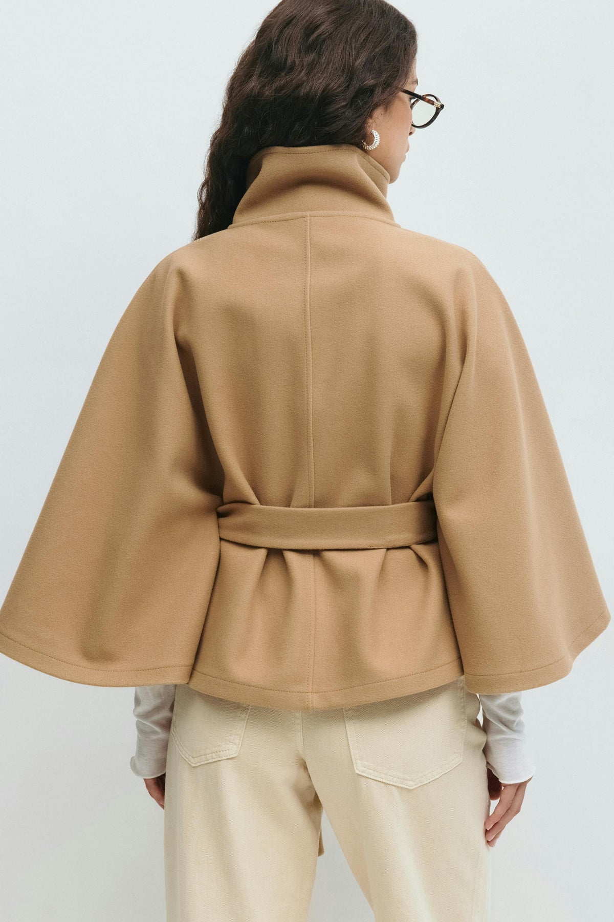 Women's Cape Coat - High-Collar Belted Winter Jacket