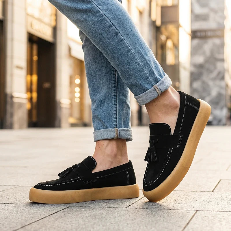 Men's Tassel Loafers- Suede-Look Upper and Tan Sole