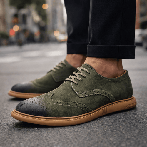 Men's Derby Shoes- Suede-Look Wingtip Lace-Ups